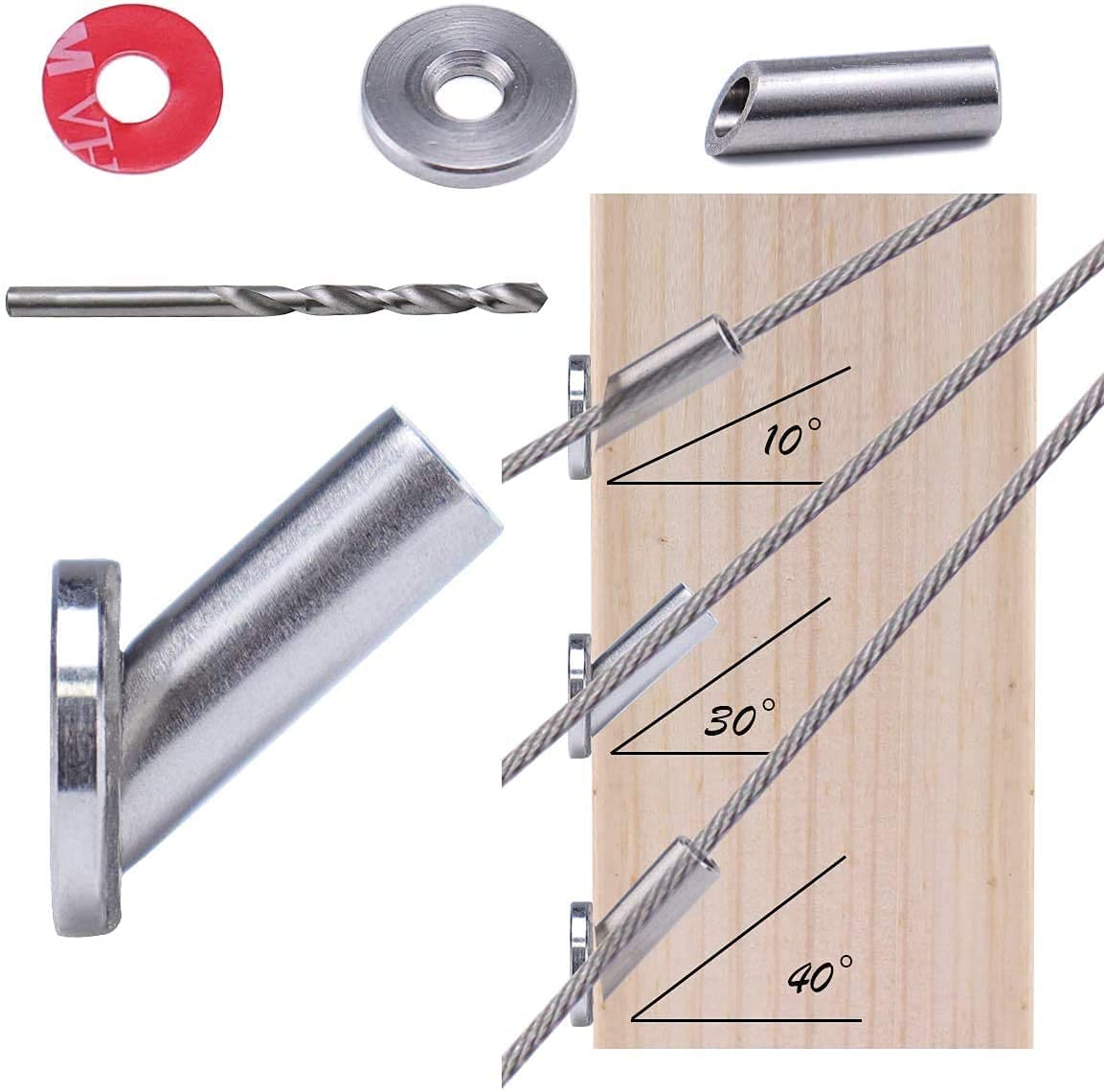 40Pack Cable Railing Kit Adjustable Angled Protector Sleeve for 1/8" Wire Rope Wood Posts Compatible 10 30 40 Degree Beveled Grommet Protective T316 Stainless Steel Pack of 2 V6097