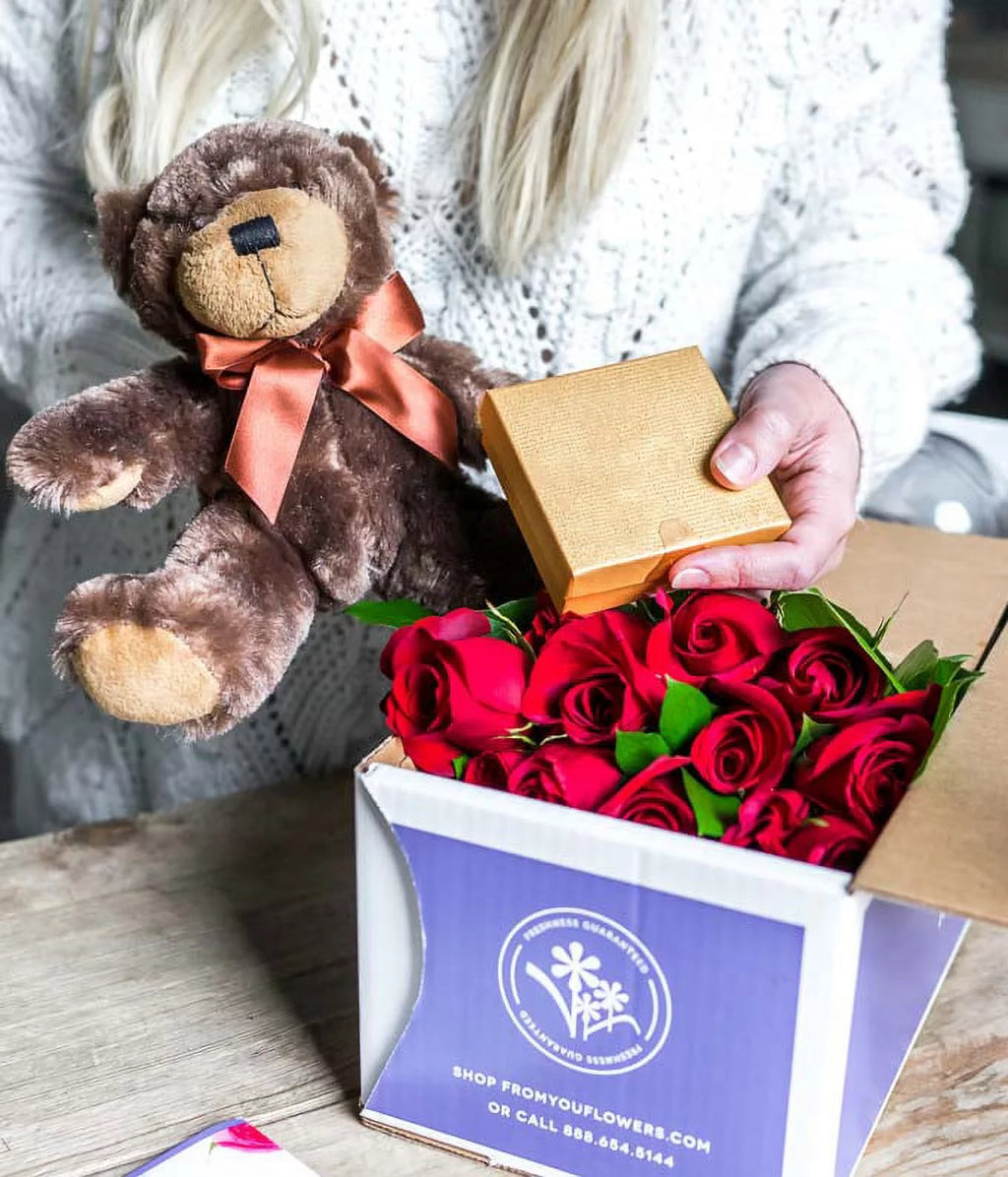 24 Red Roses with Chocolates & Teddy Bear in a Glass Vase C917