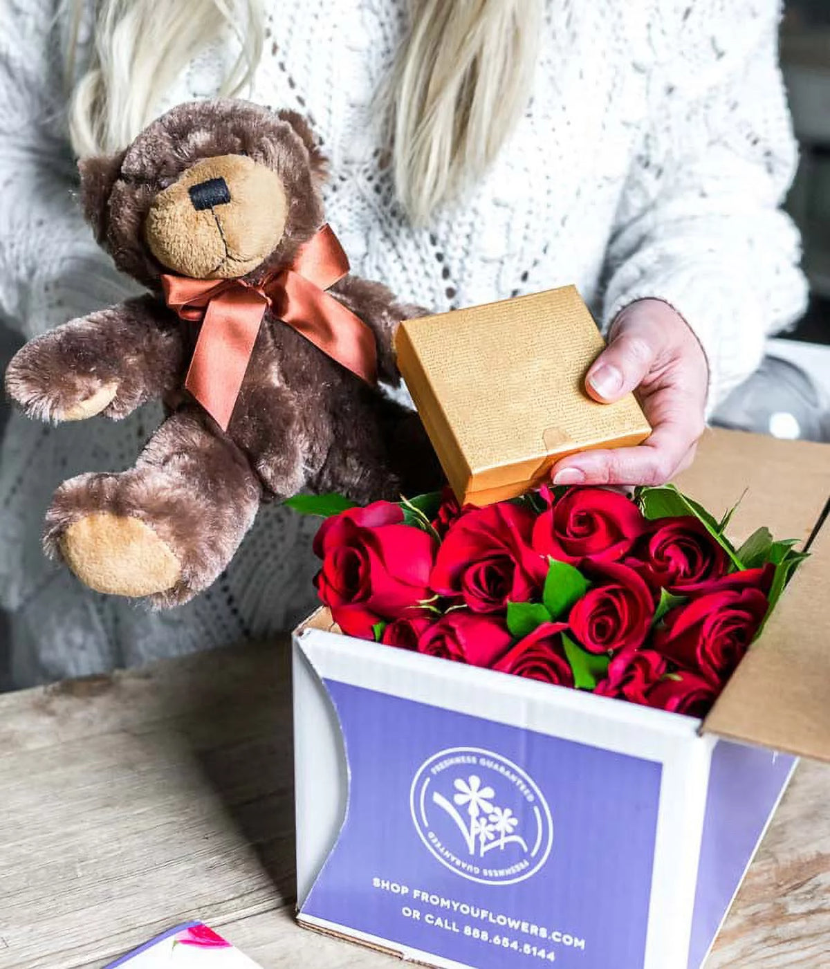 24 Red Roses with Chocolates & Teddy Bear in a Glass Vase C917