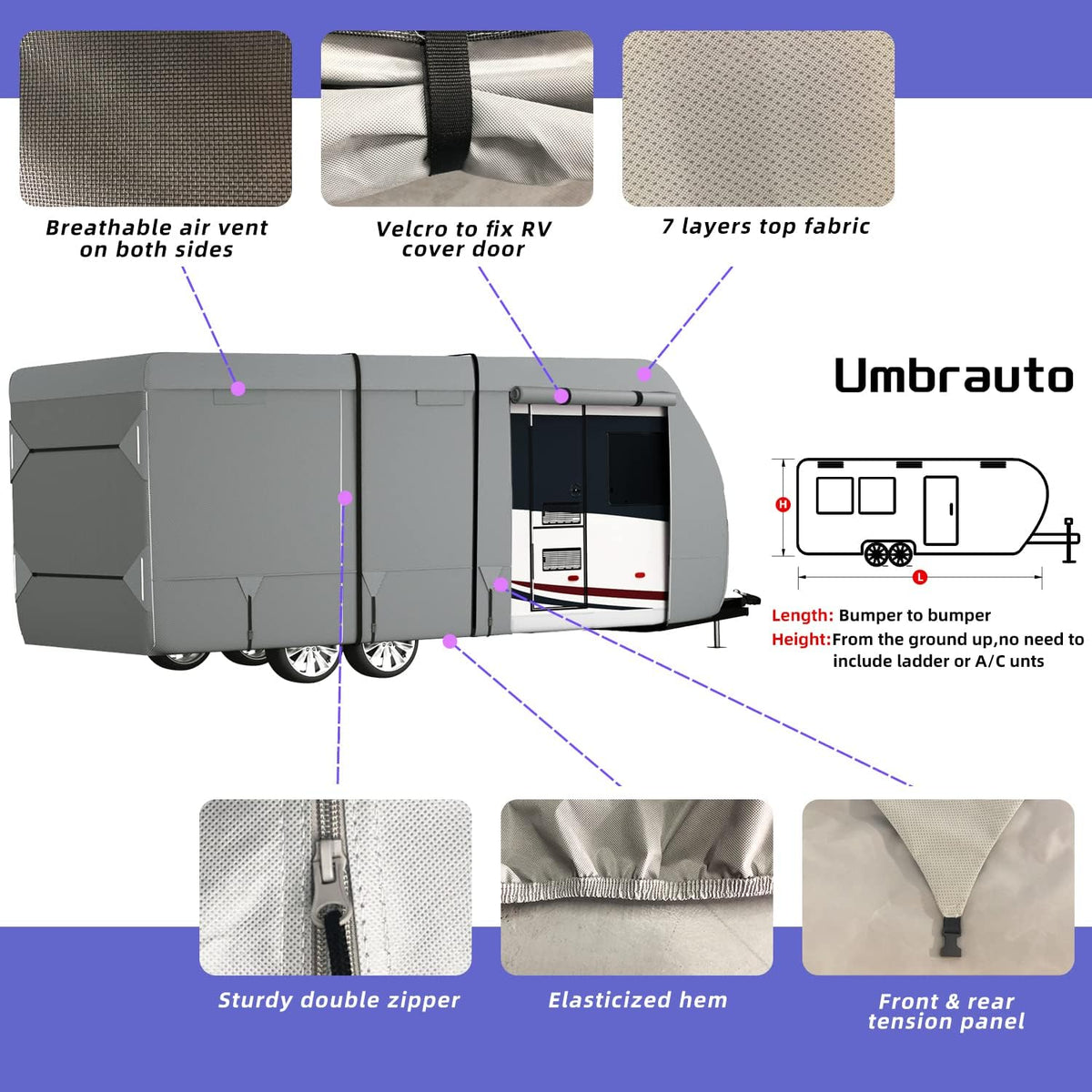 RV Cover with Tongue Jack Cover, Extra Windproof Ropes, Gutter Covers B823870