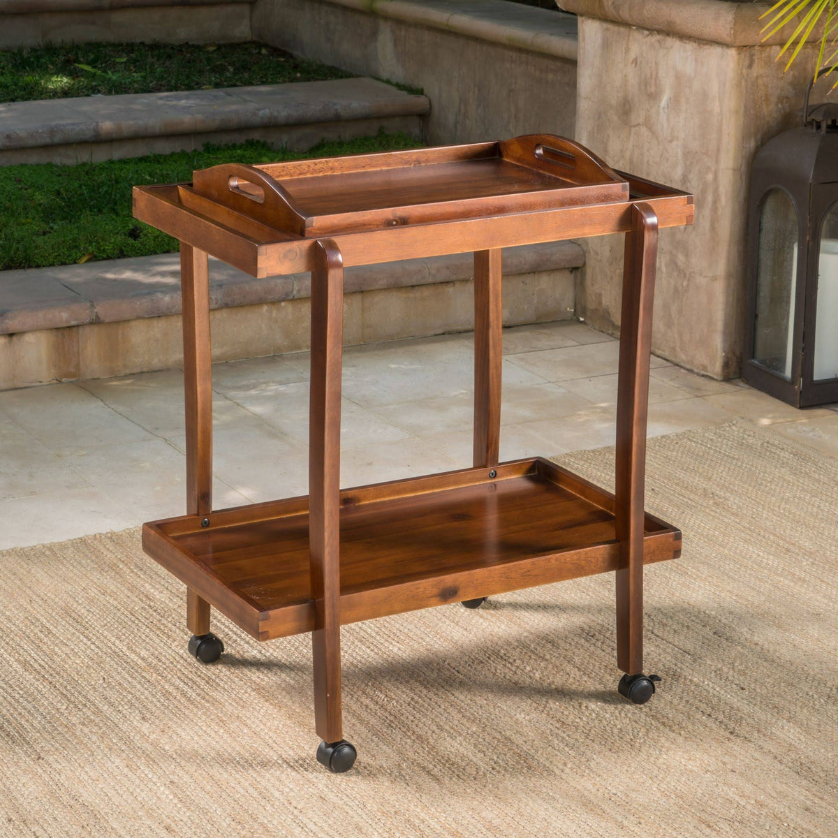 Oak Brown Outdoor Patio Bar Cart with Wheels O1281