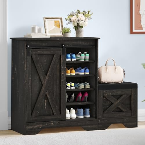 Dark Rustic Oak 5-Tier Shoe Cabinet with Sliding Door U97608