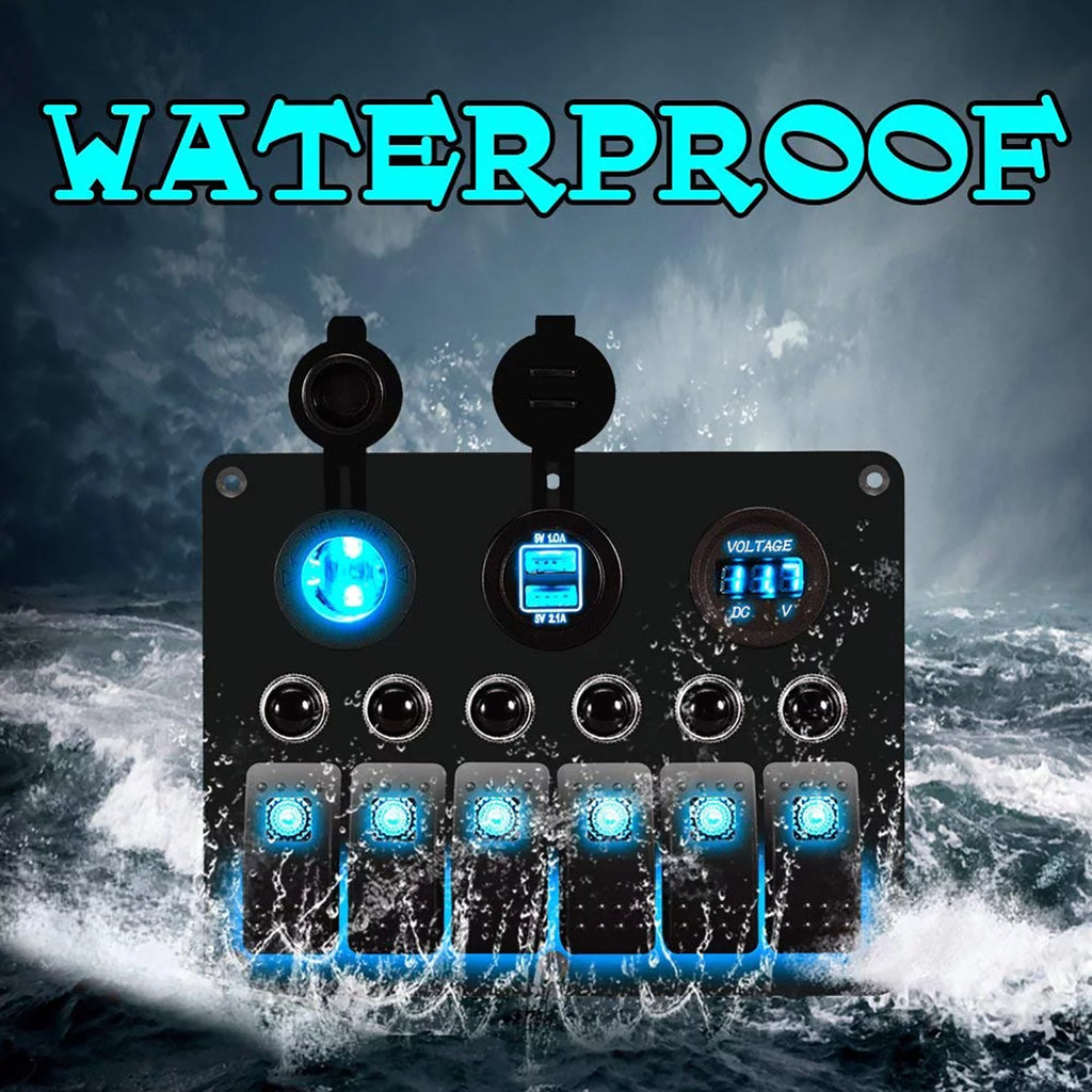 6 Gang LED Rocker Switch Panel Dual USB Waterproof Power Socket J801