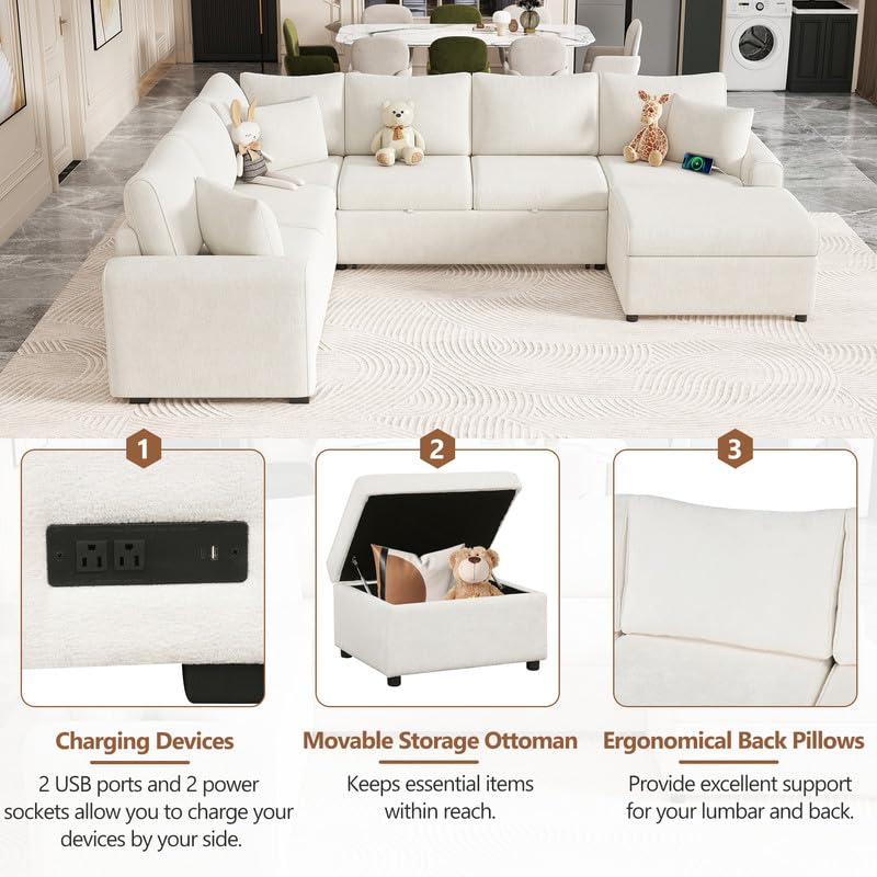 Cream L-Shaped Sectional Sofa with Storage Ottoman T742927