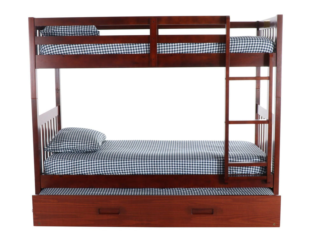 Twin Over Twin Solid Wood Bunk Bed with Trundle in Merlot L35136