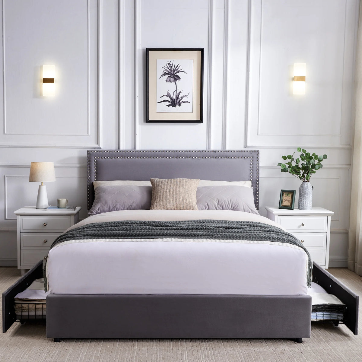 Beige Full Bed Frame with 4 Storage Drawers and Adjustable Headboard X580181