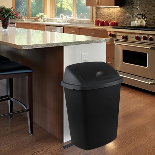 13 Gallon Black Plastic Trash Can with Swing Lid, Set of 4 K5757