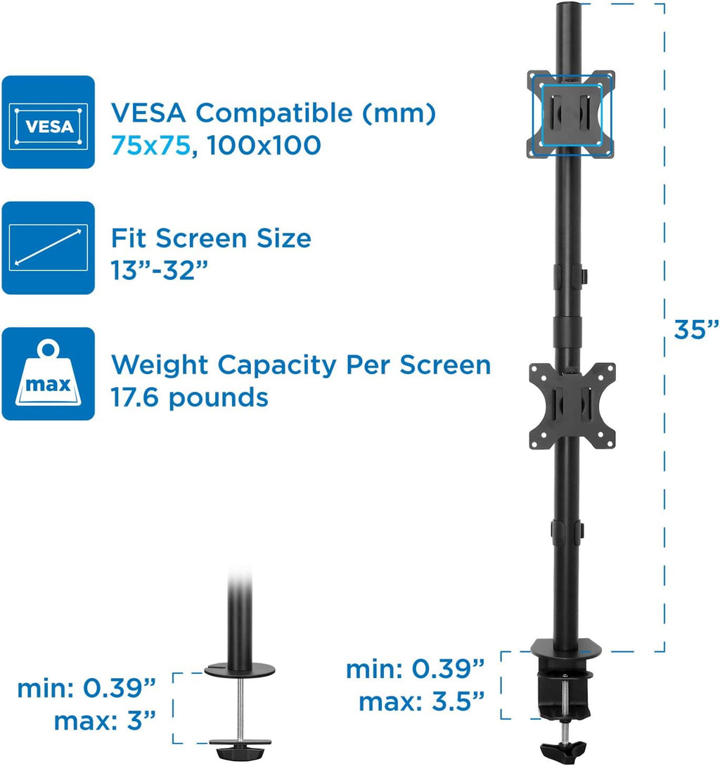 Vertical Dual Monitor Mount, Stacked Desk Stand, Fits 19-32 Inches, VESA 75 100 P4528