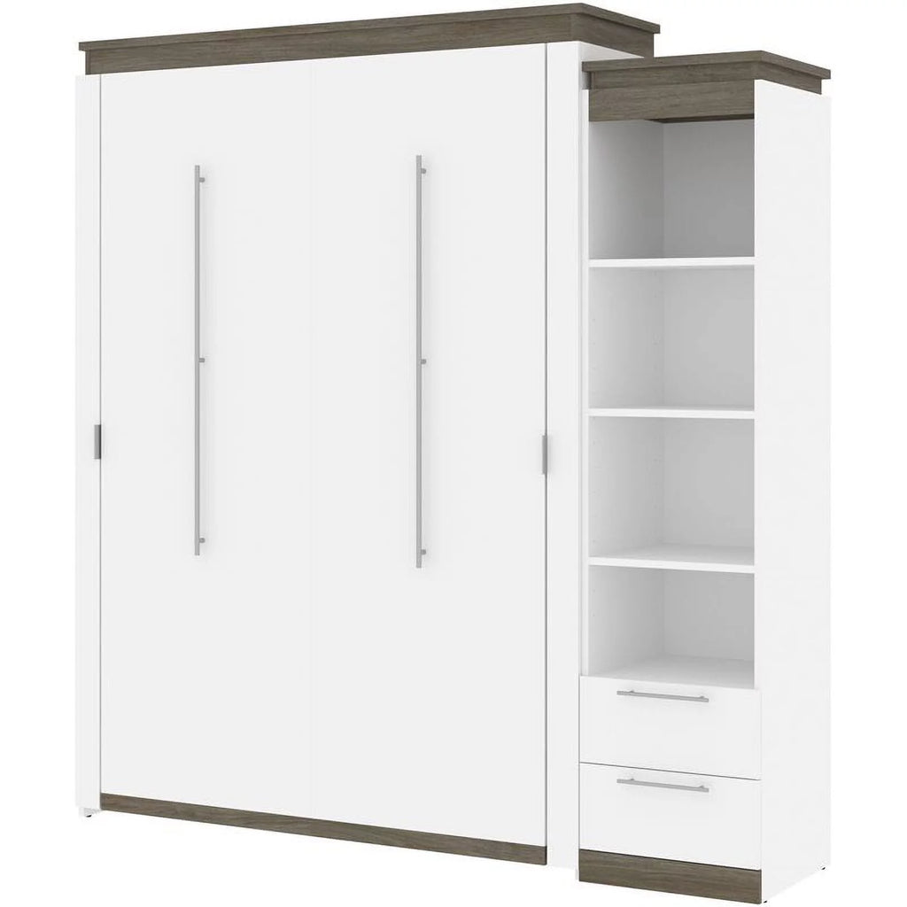 White Queen Murphy Bed and Shelving with Drawers W4669