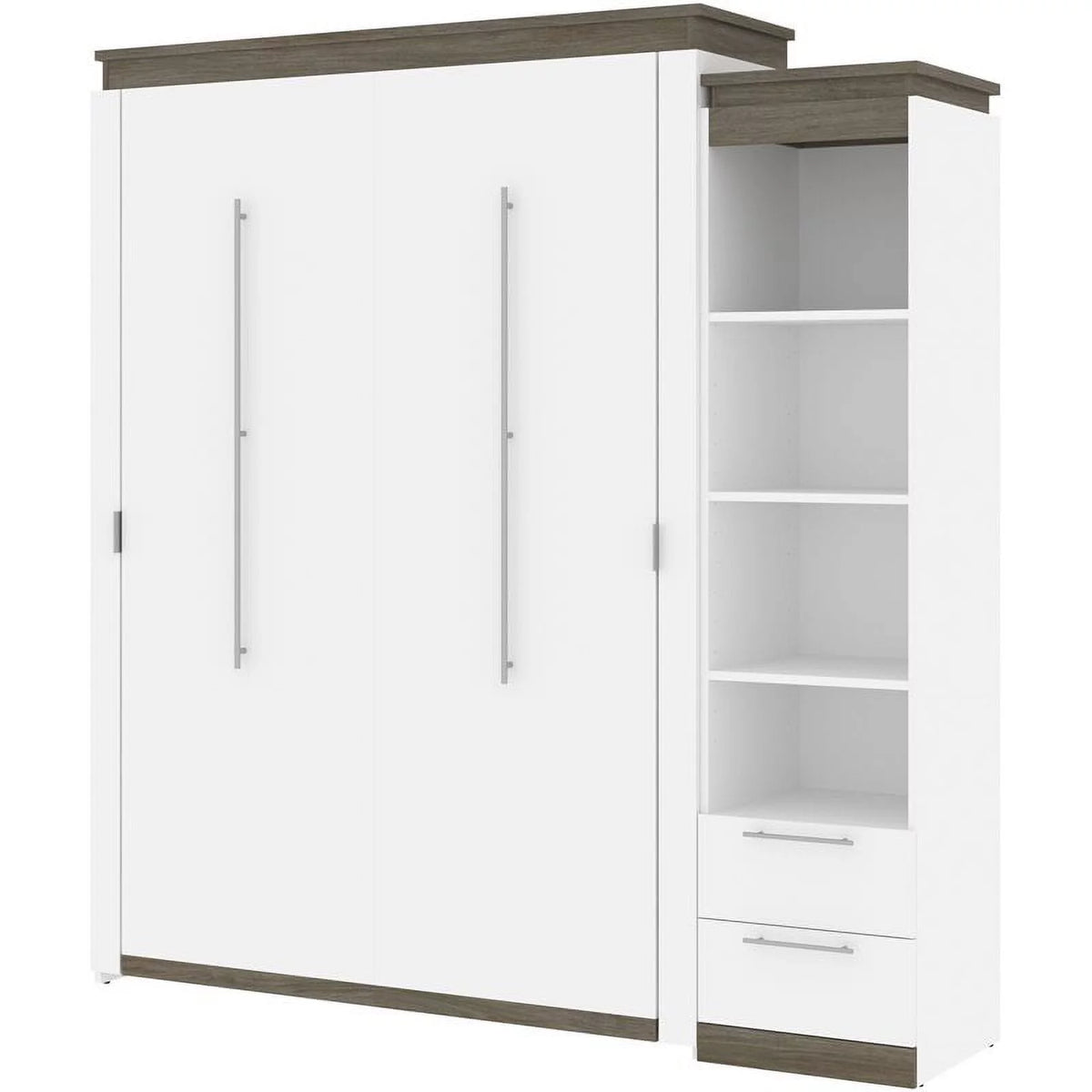 White Queen Murphy Bed and Shelving with Drawers W4669