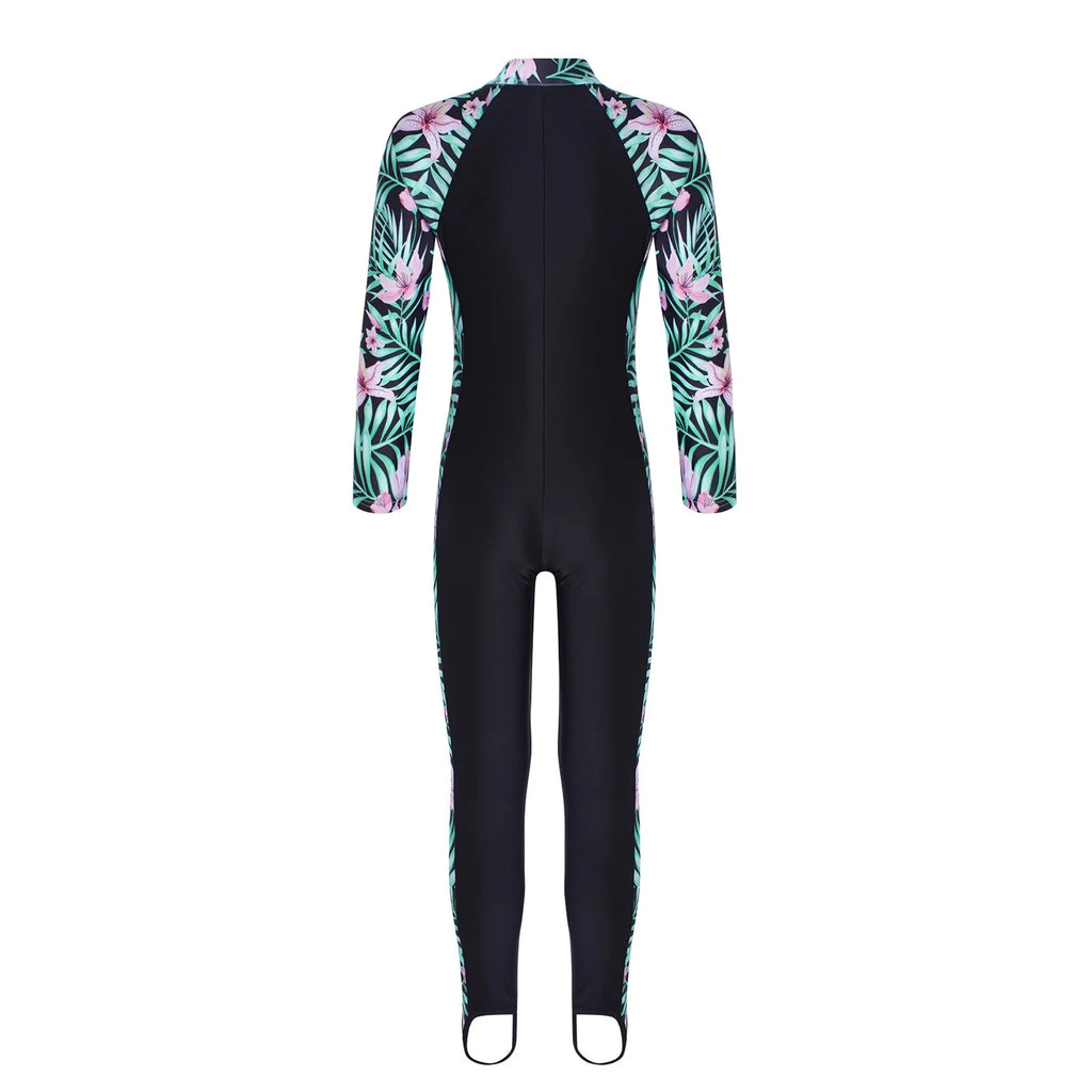 Kids Girls One Piece Zip up Rash Guard Shirt Swimsuit A549