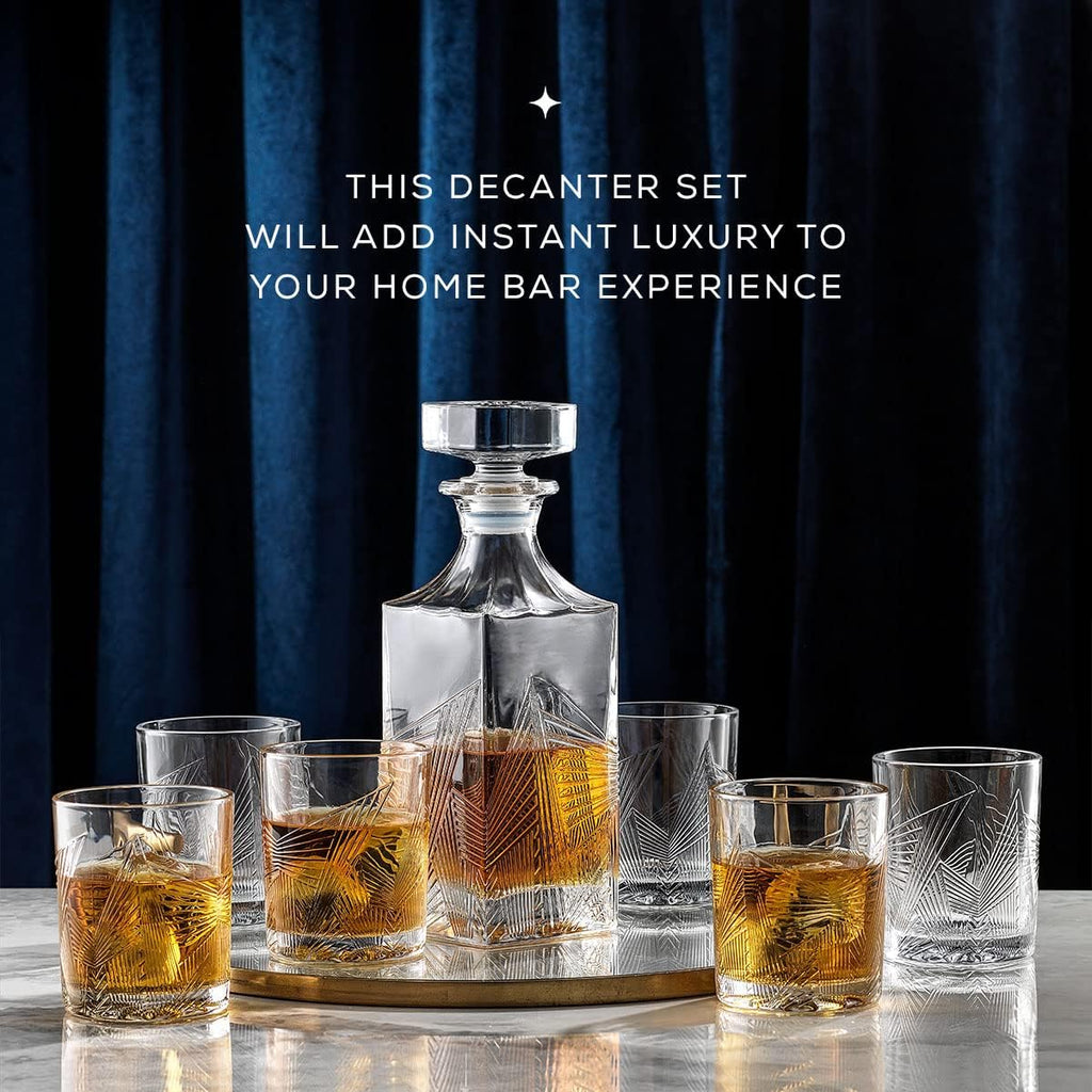 Whiskey Decanter and 6PC Glasses Set, 27 oz Airtight Glass Decanter, Set of 6 Old Fashioned Rocks Glasses M33104