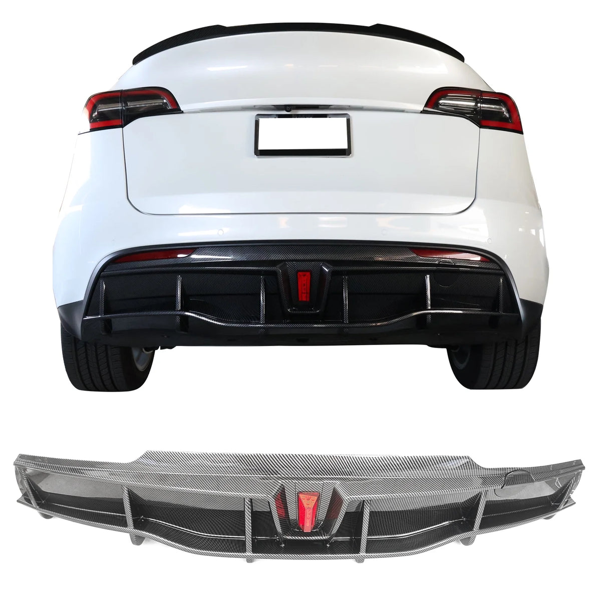 Rear Diffuser Lip for Tesla Model Y Sport 4-Door Carbon Fiber Print PP Rear Lower Bumper Protector Lip With LED Lamp I183