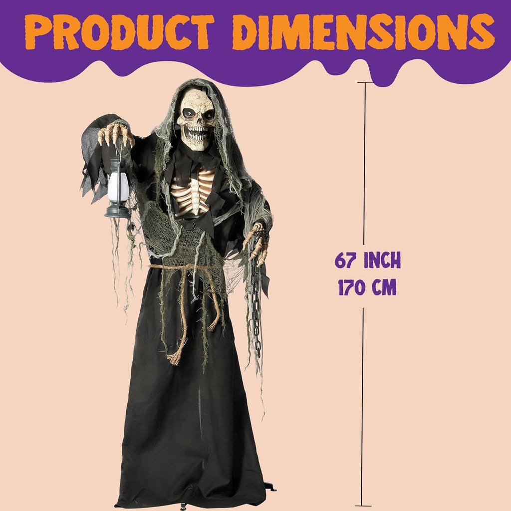 67" Halloween Animatronics Grim Reaper Animated Decoration with Light-Up Eyes W74699
