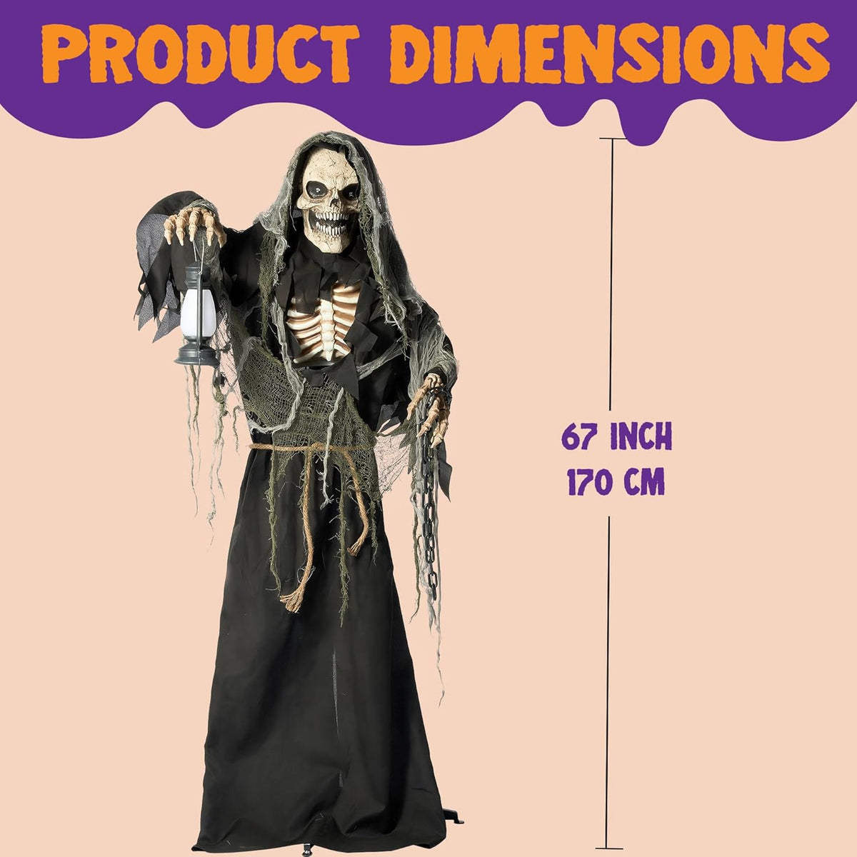 67" Halloween Animatronics Grim Reaper Animated Decoration with Light-Up Eyes W74699