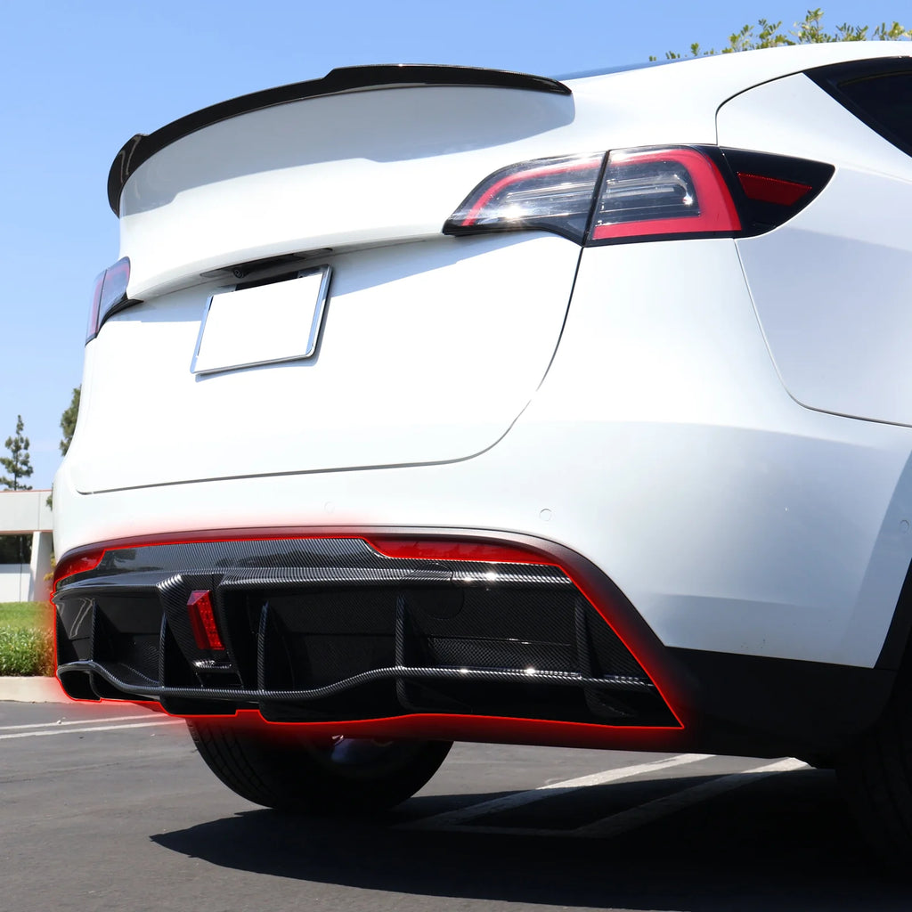 Rear Diffuser Lip for Tesla Model Y Sport 4-Door Carbon Fiber Print PP Rear Lower Bumper Protector Lip With LED Lamp I183