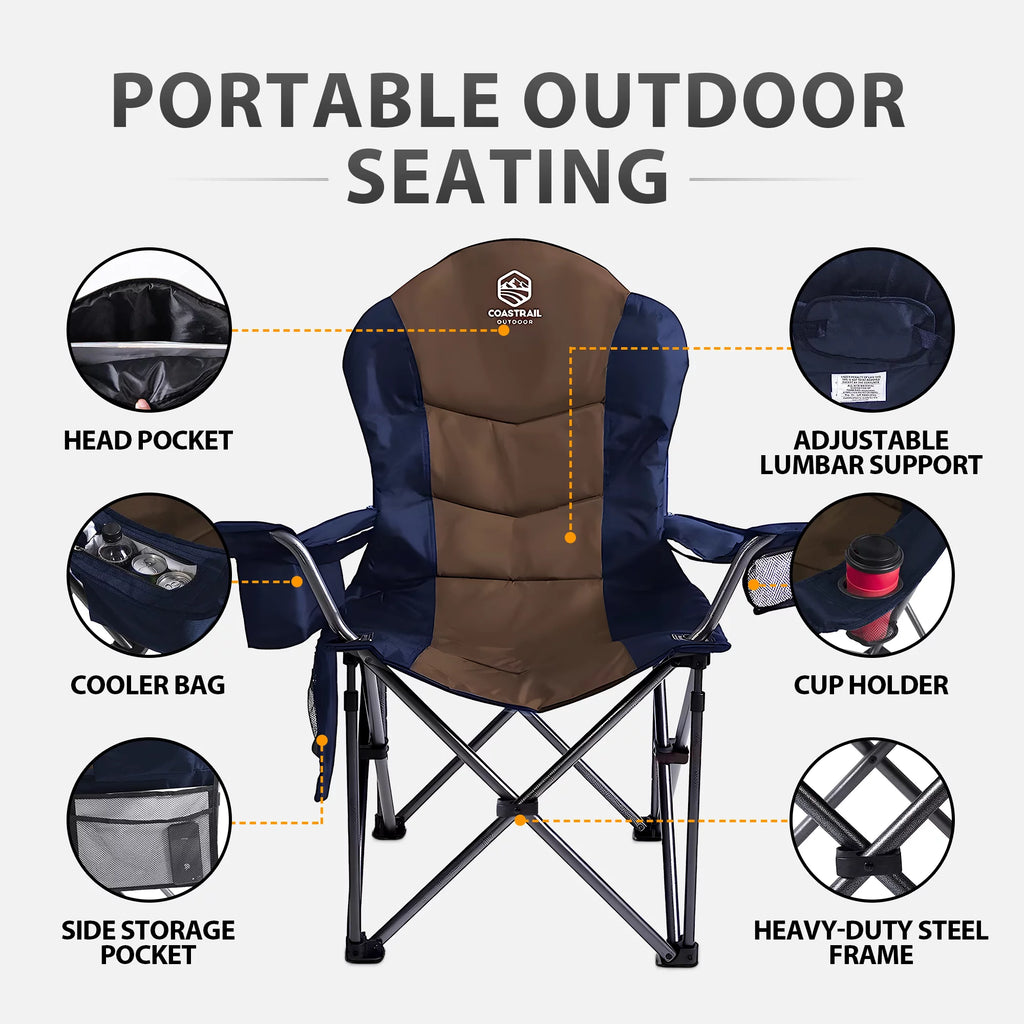 Oversized Padded Folding Camping Chair with Cooler Bag and Cup Holder Y1667