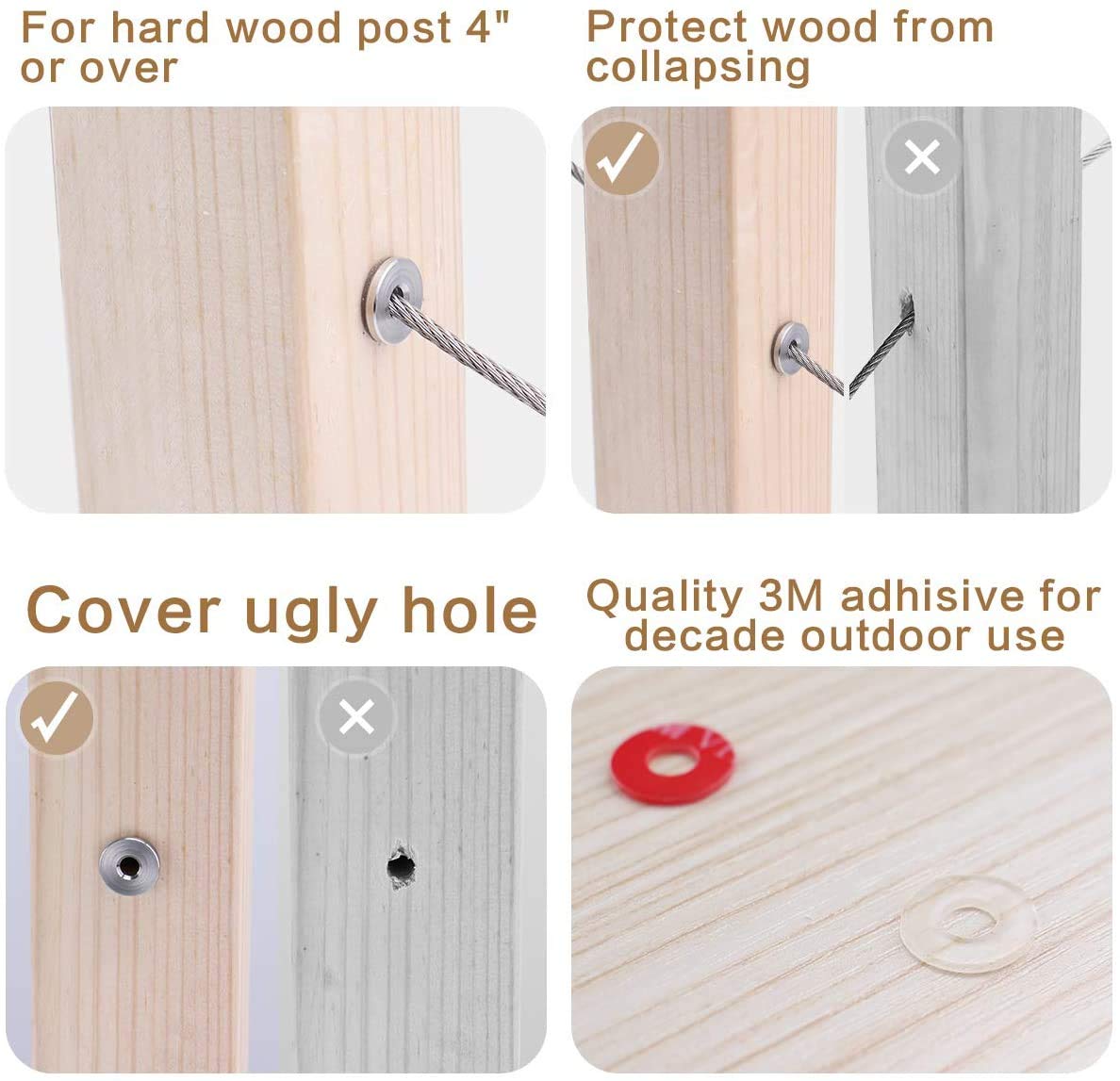 40Pack Cable Railing Kit Adjustable Angled Protector Sleeve for 1/8" Wire Rope Wood Posts Compatible 10 30 40 Degree Beveled Grommet Protective T316 Stainless Steel Pack of 2 V6097