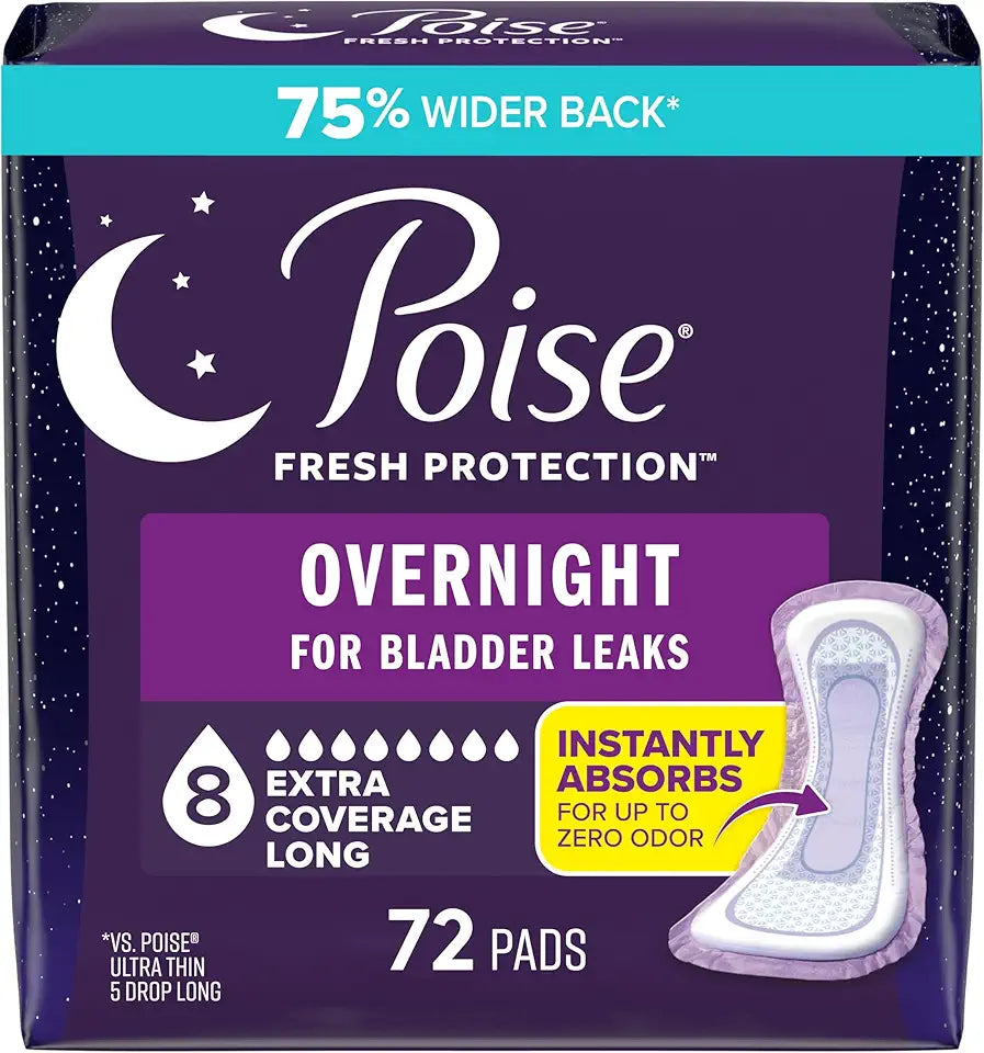 Overnight Incontinence & Postpartum Pads, 8 Drop Extra Coverage, 72 Count B748876