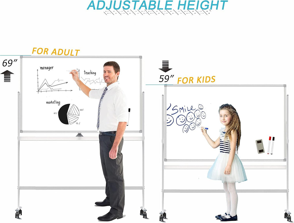 32 x 48 Inches Double Sided Height Adjustable Rolling White Board with Casters Z3934