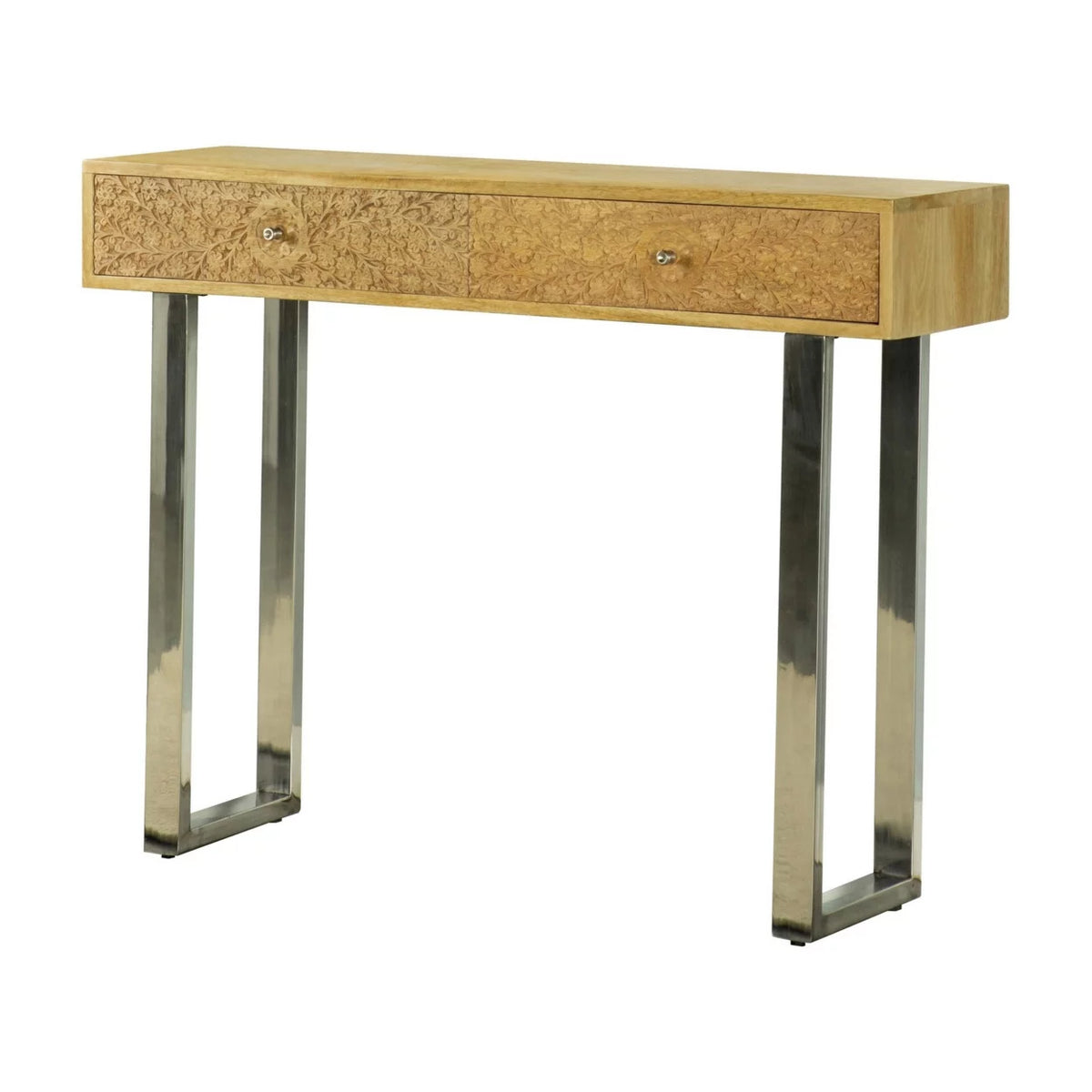 42 Inch Console Table 2 Hand Carved Drawers U Shaped Legs Brown Finish A643131