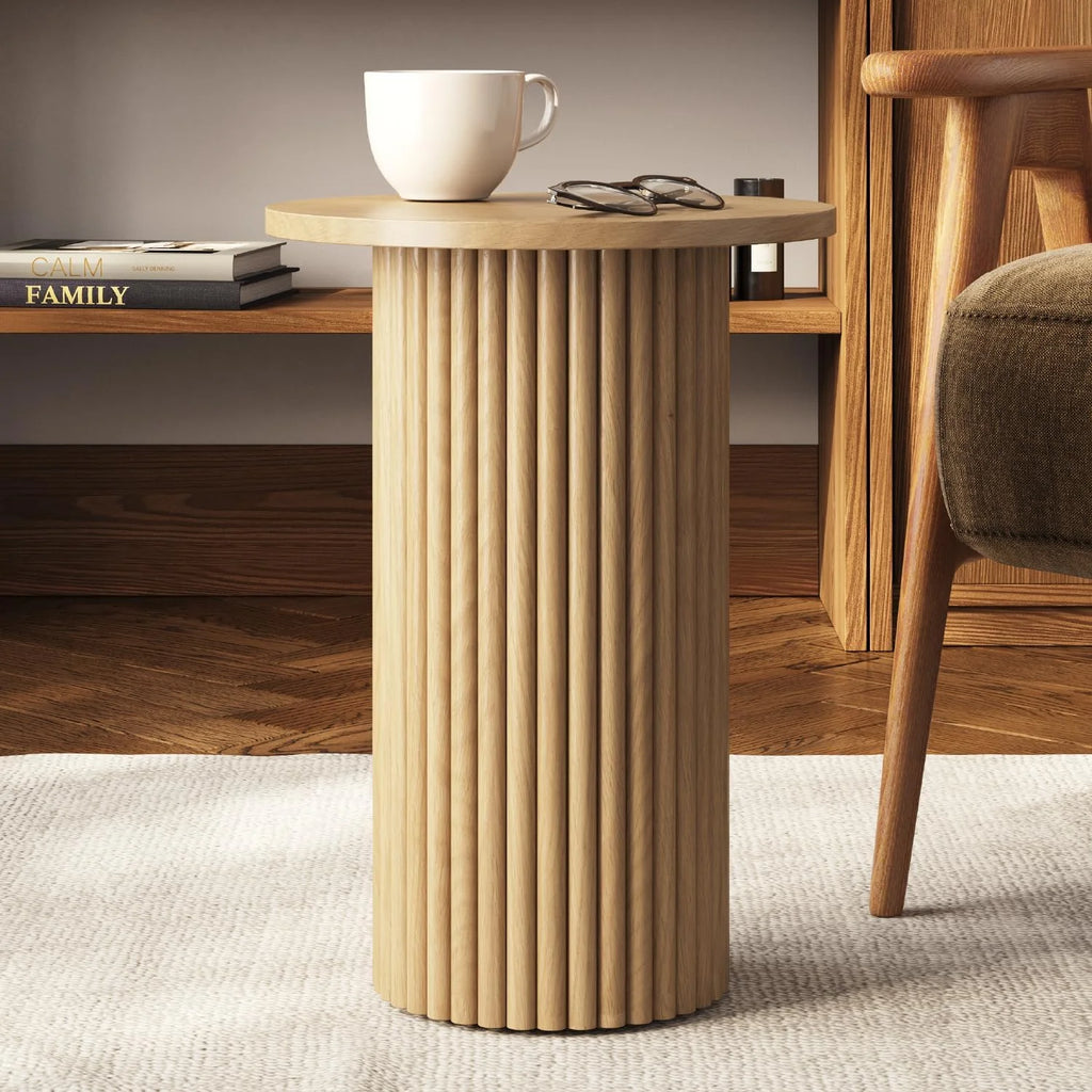 Round Fluted Wooden Side Table with Solid Oak Base O355