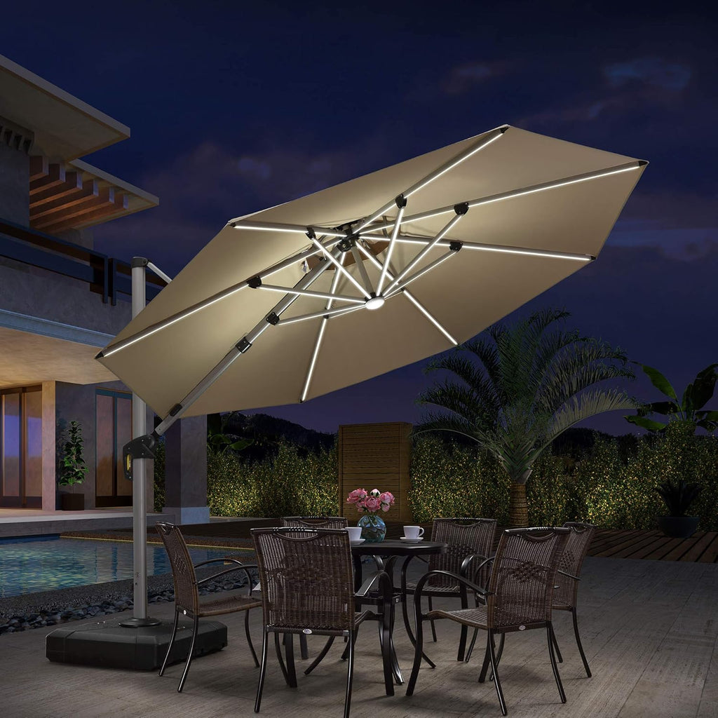 Grey 12ft Solar Powered LED Cantilever Patio Umbrella E352
