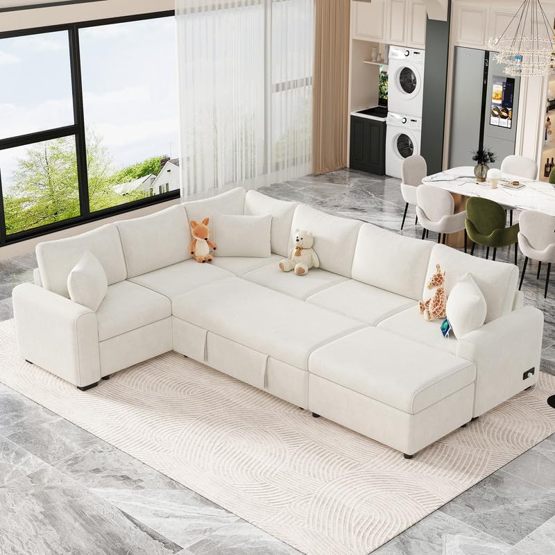 Cream L-Shaped Sectional Sofa with Storage Ottoman T742927