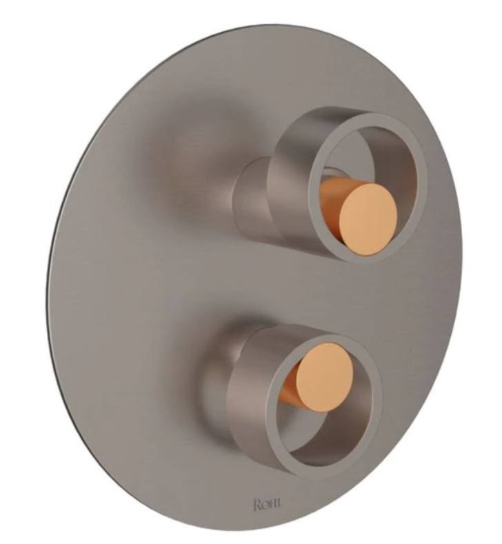 Satin Nickel and Satin Gold Pressure Balance Trim with Diverter with Circular Handle R53515
