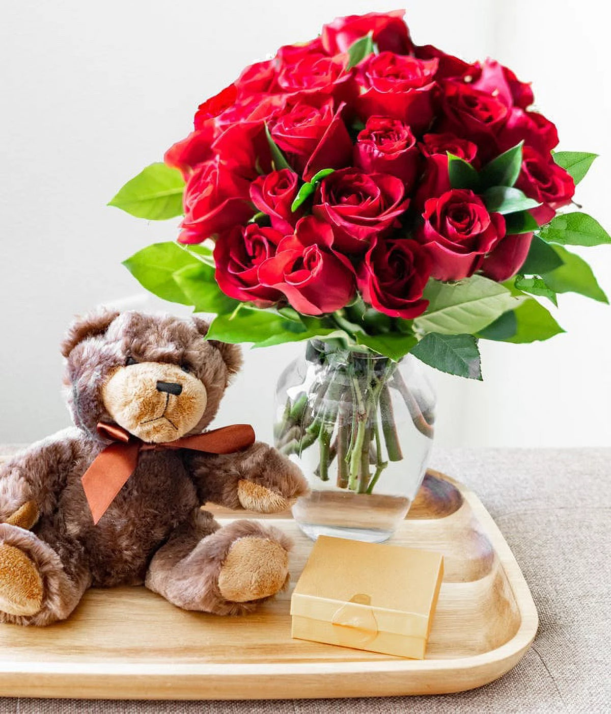 24 Red Roses with Chocolates & Teddy Bear in a Glass Vase C917