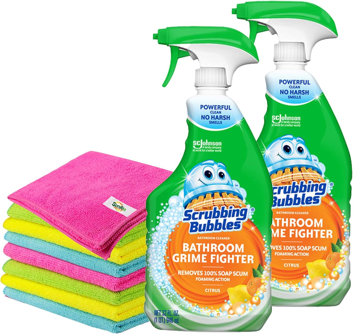 Citrus Bathroom Cleaner Spray, 32 fl oz, 2 Pack with 8 Count Microfiber Cleaning Cloths F6557