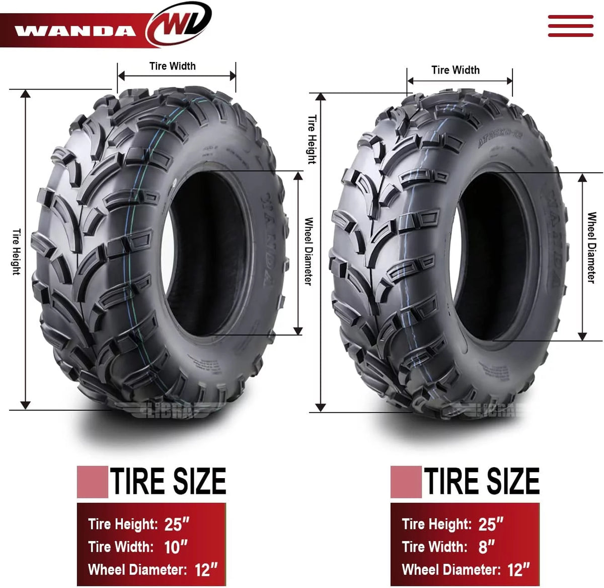 25x8-12 Front & 25x10-12 Rear 6PR Set 4 ATV/UTV Tires G7101