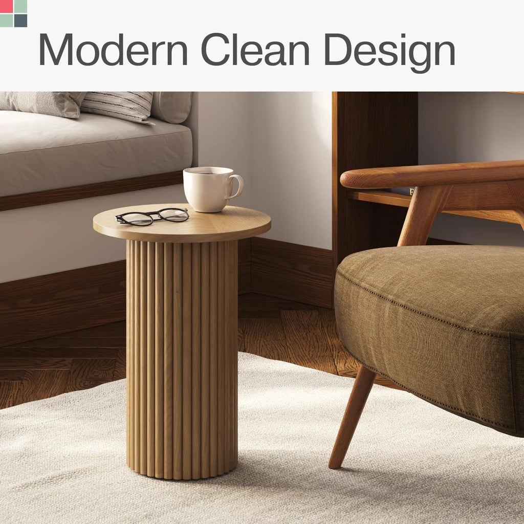 Round Fluted Wooden Side Table with Solid Oak Base O355