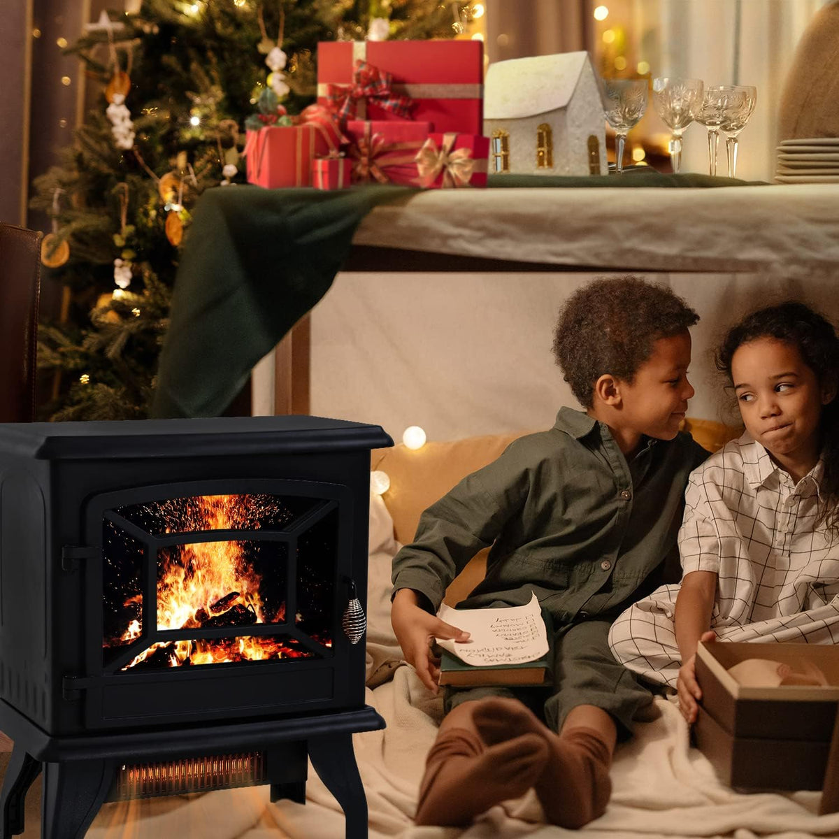 Black Electric Fireplace Heater 3D Flames Freestanding TV Stand I874