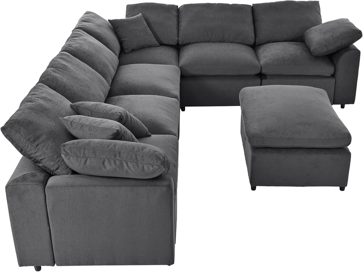 Deep Seat Convertible Modular Sectional Sofa with Movable Ottoman, Oversized Corner Couch with Throw Pillows, 7 Seater Polyester Upholstery Sofa Q816