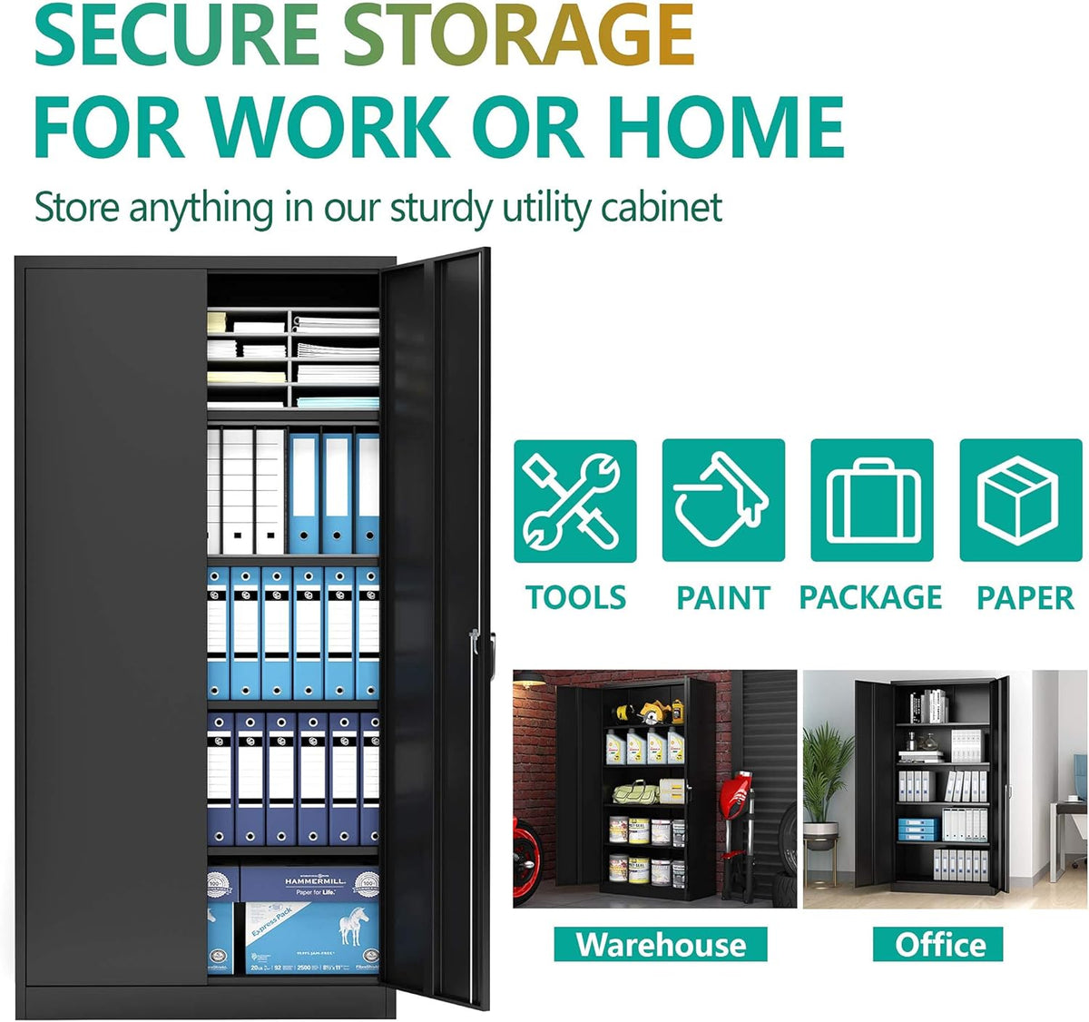 Black Metal Storage Cabinet with 4 Adjustable Shelves and Lockable Doors D73455