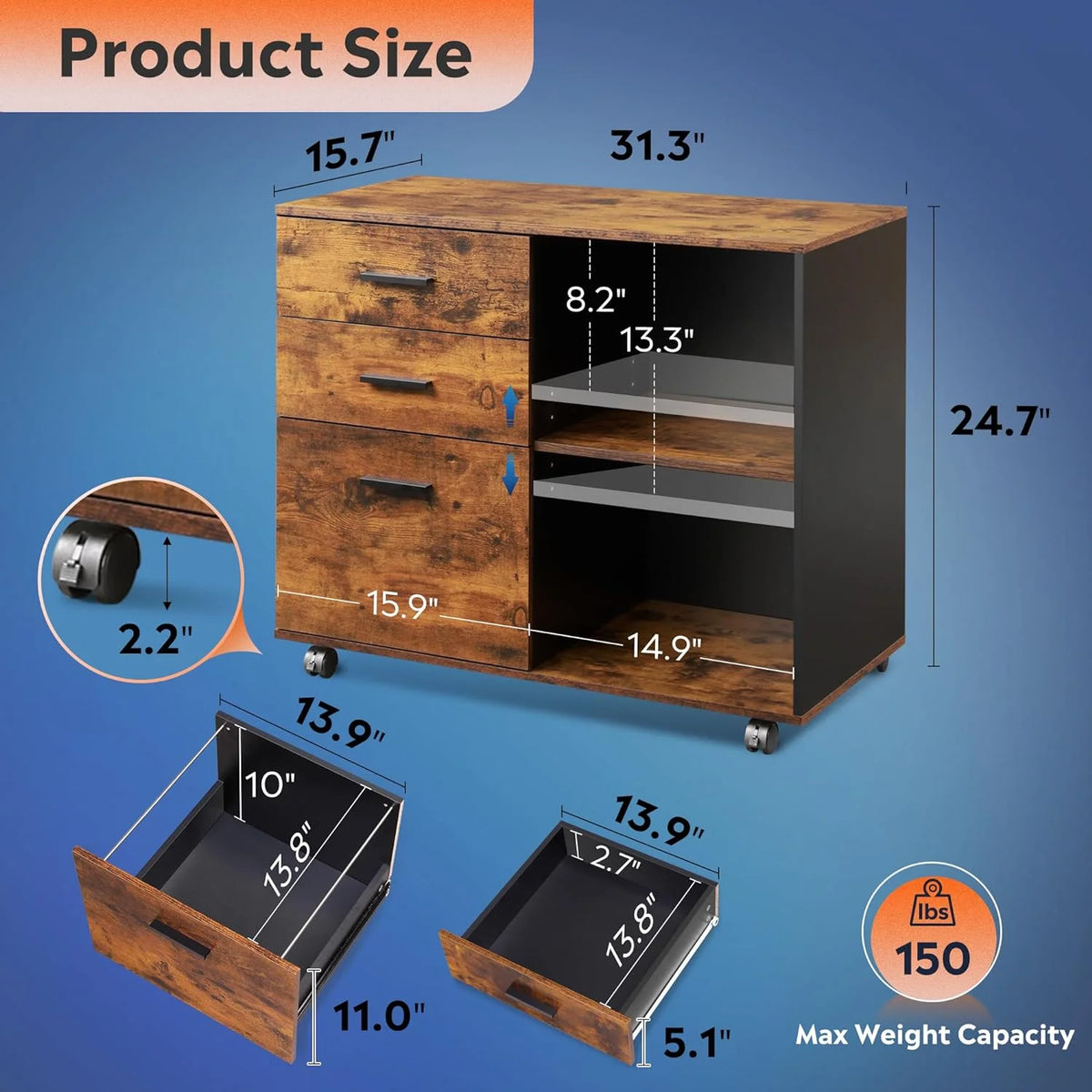 3 Drawer Wood File Cabinet with Storage Shelves U263