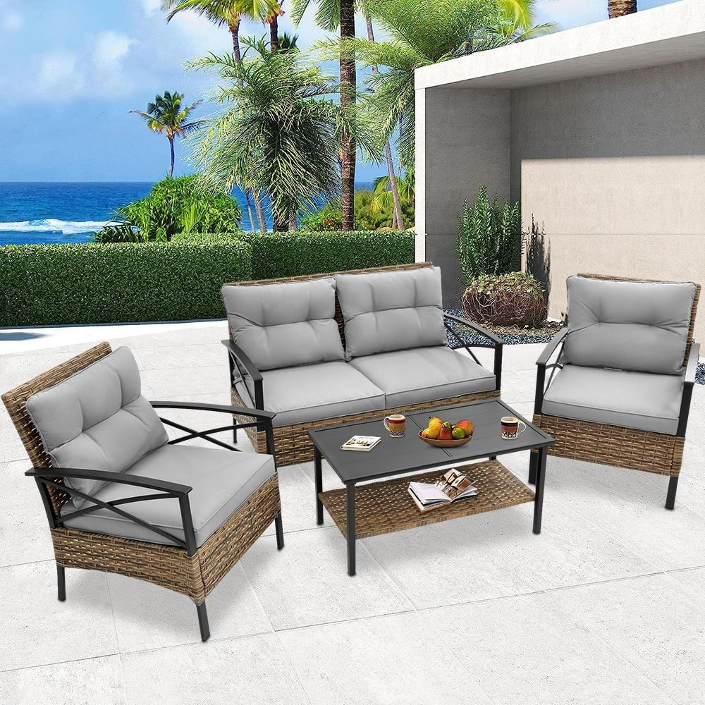 4 Pieces All-Weather PE Rattan Wicker Patio Sofa Set with Coffee Table R281639