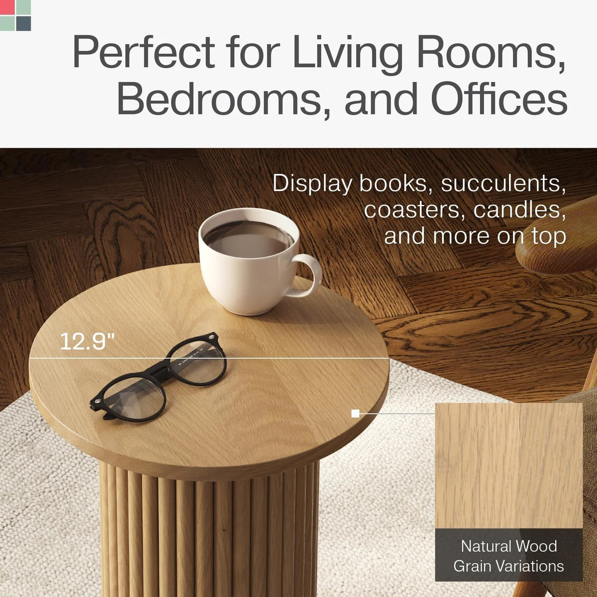 Round Fluted Wooden Side Table with Solid Oak Base O355