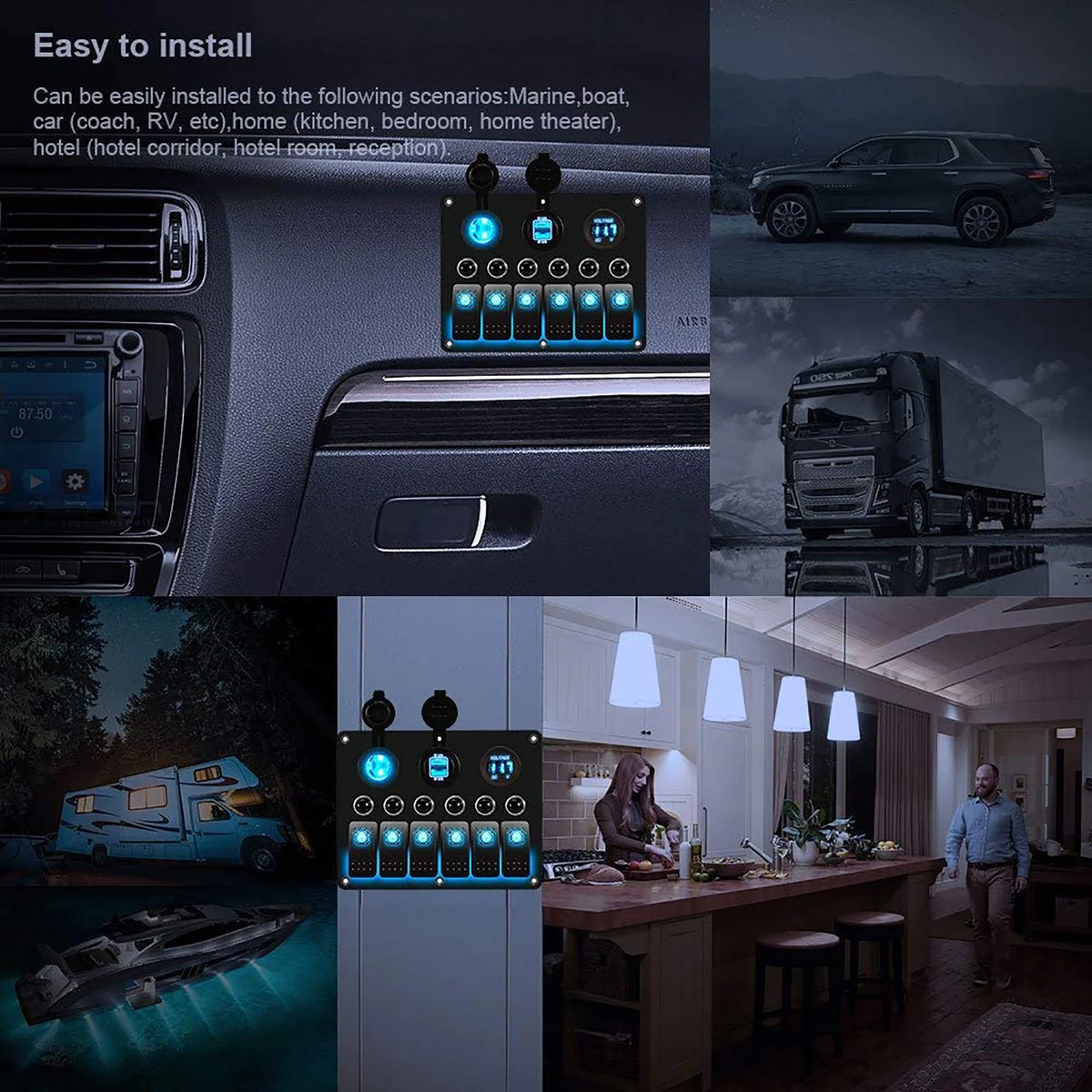 6 Gang LED Rocker Switch Panel Dual USB Waterproof Power Socket J801