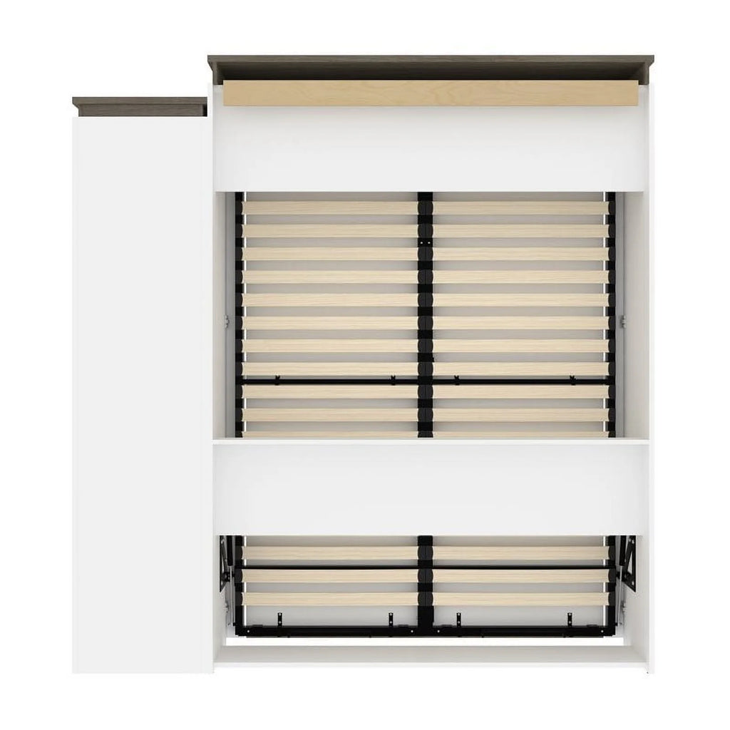 White Queen Murphy Bed and Shelving with Drawers W4669