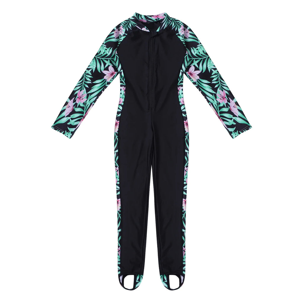 Kids Girls One Piece Zip up Rash Guard Shirt Swimsuit A549