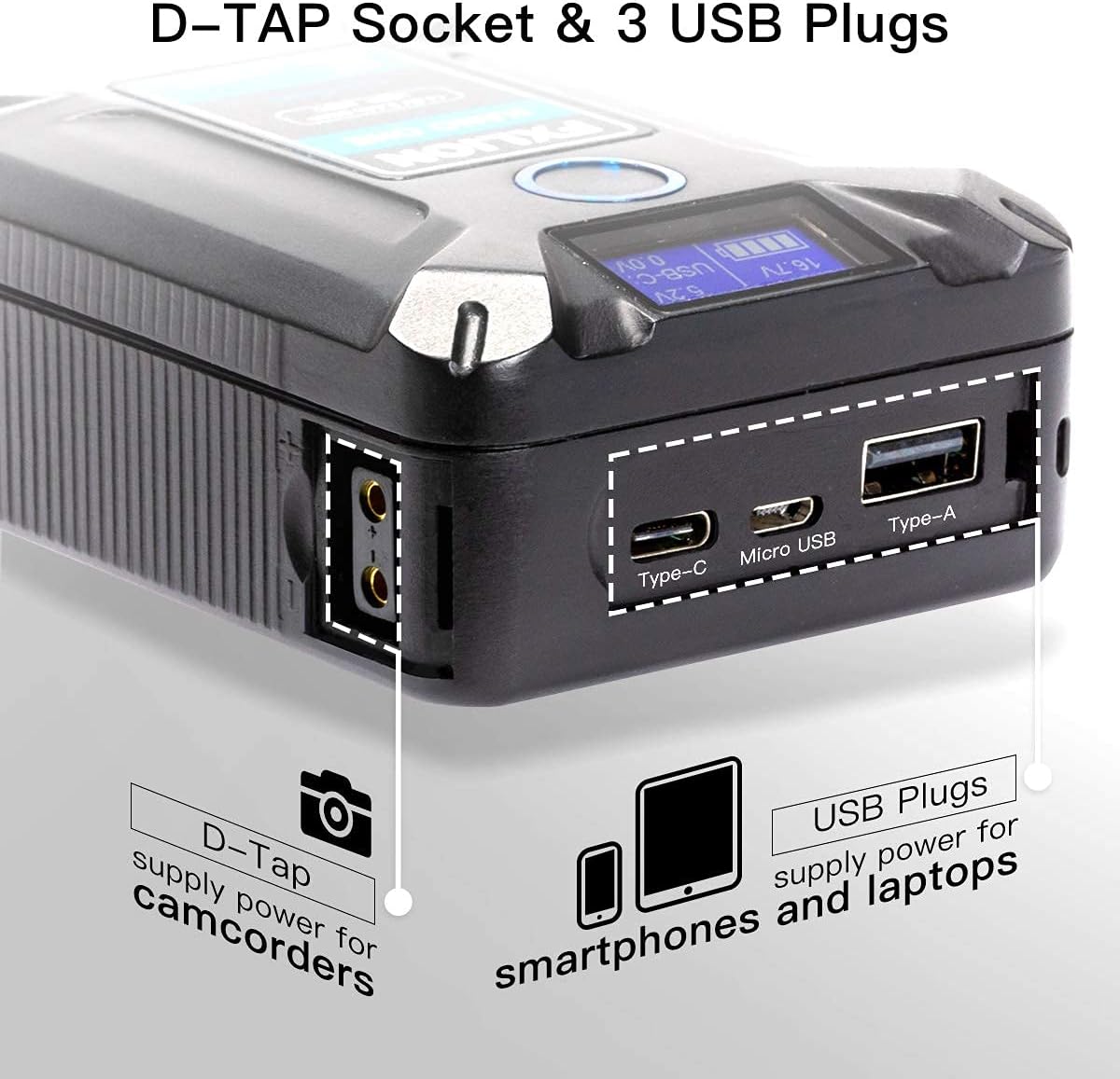 V Mount Battery 3400mAh with D-TAP, USB-C, USB-A, Micro USB Plugs R1313