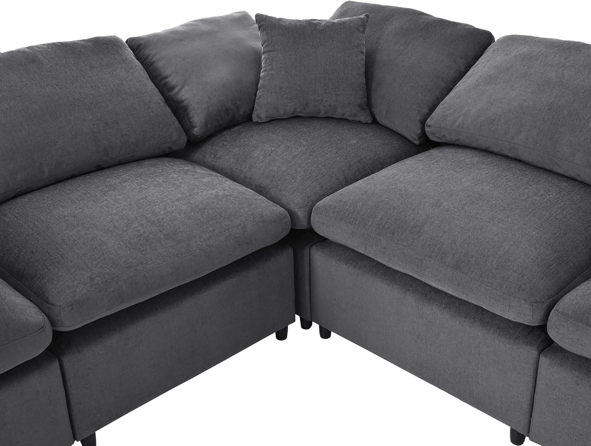Deep Seat Convertible Modular Sectional Sofa with Movable Ottoman, Oversized Corner Couch with Throw Pillows, 7 Seater Polyester Upholstery Sofa Q816
