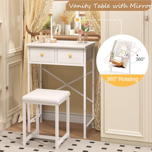 White Compact Vanity Desk with Mirror and Chair I82474