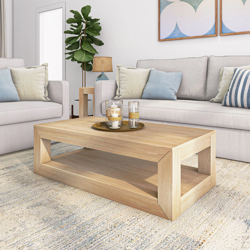 Modern Rectangular Coffee Table with Shelf, Solid Wood 2 Tier N5274