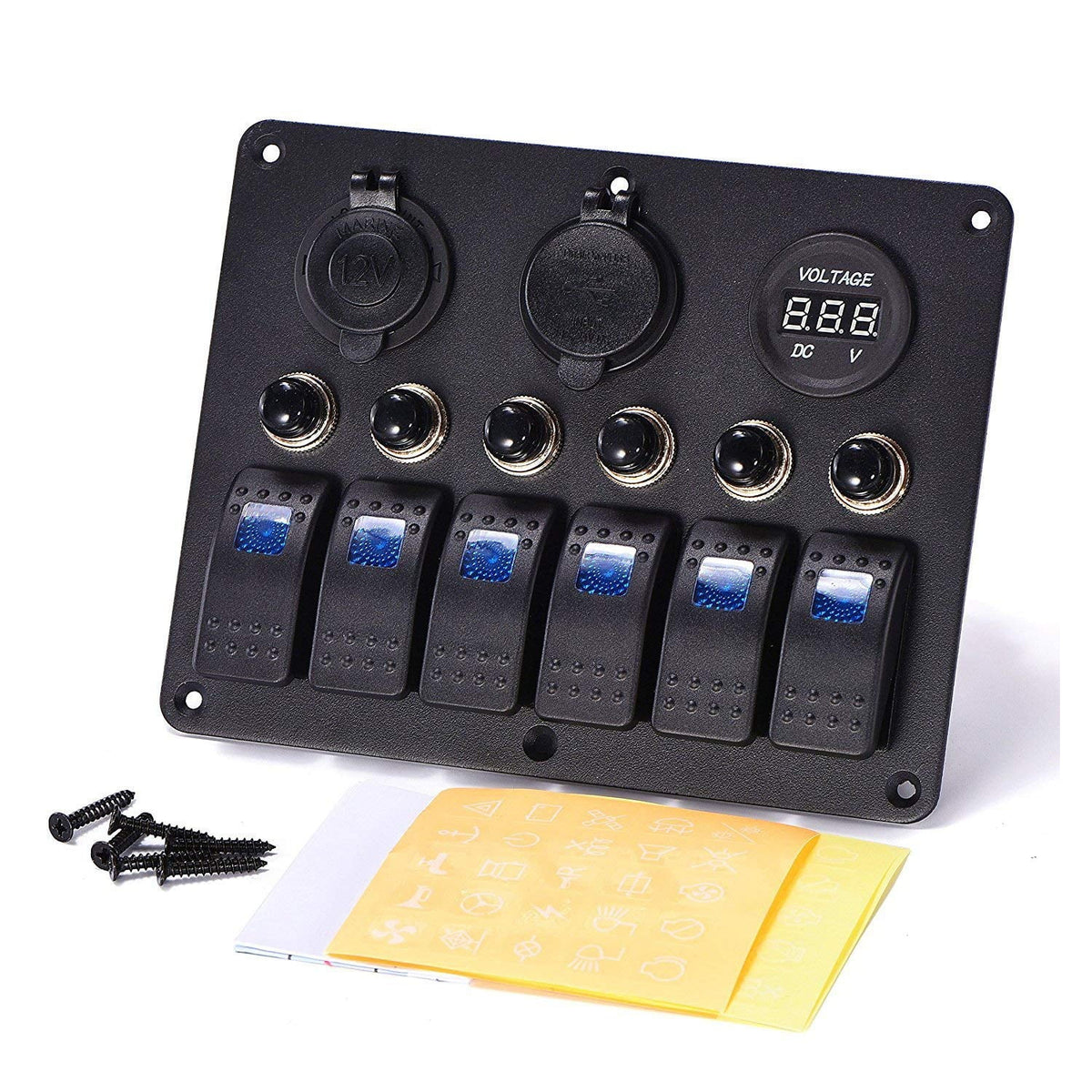 6 Gang LED Rocker Switch Panel Dual USB Waterproof Power Socket J801
