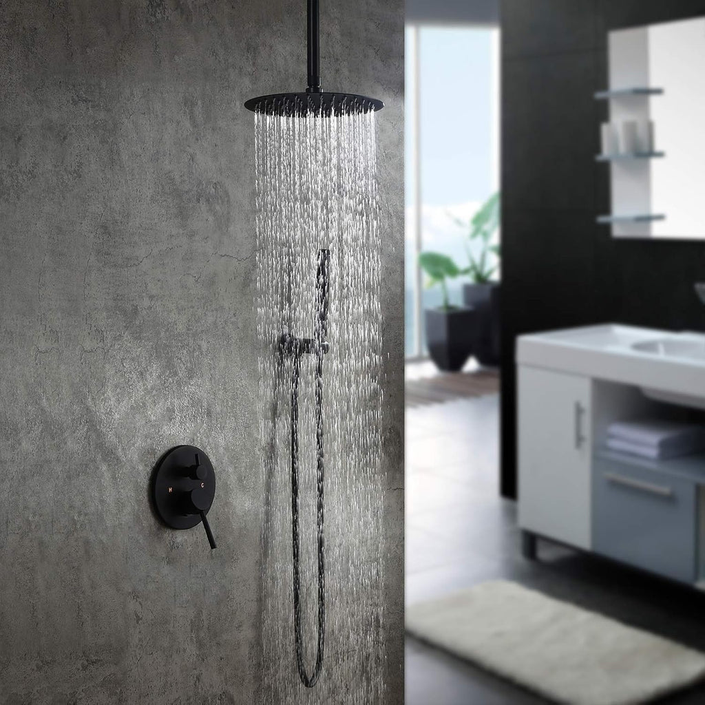 Matte Black 12" Ceiling Mounted Round Rainfall Shower with Hand Shower Wall Mount Combo Set with Rough-in Valve and Trims, Solid Brass T4348