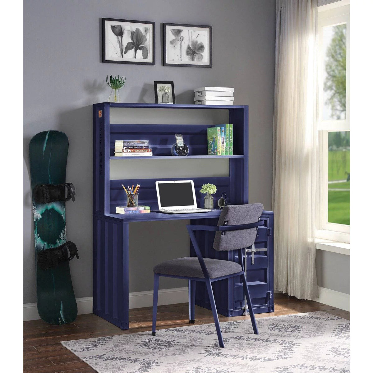 Metal Frame Desk and Hutch with Storage Base in Blue G9821