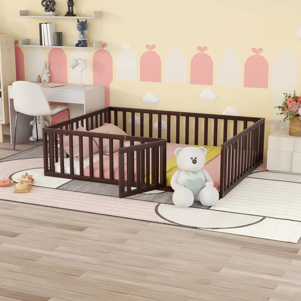 Queen Size Solid Wood Floor Bed Frame with Fence Rail and Door H58869